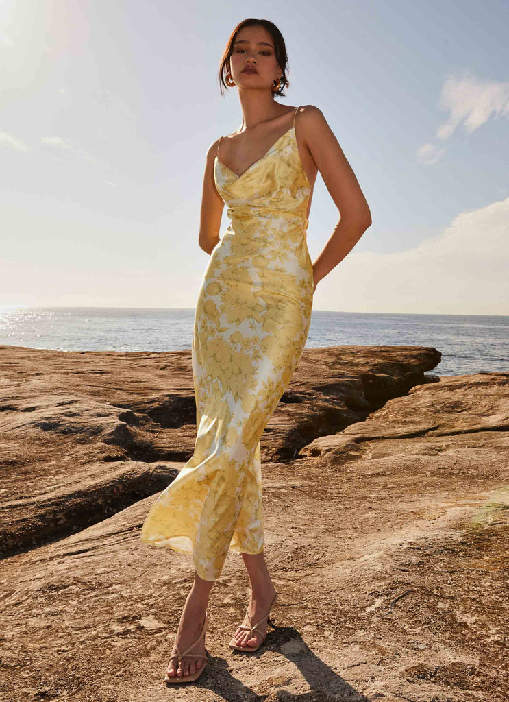 Womens Coastal Escape Satin Maxi Dress in the colour Daffodil in front of a light grey background