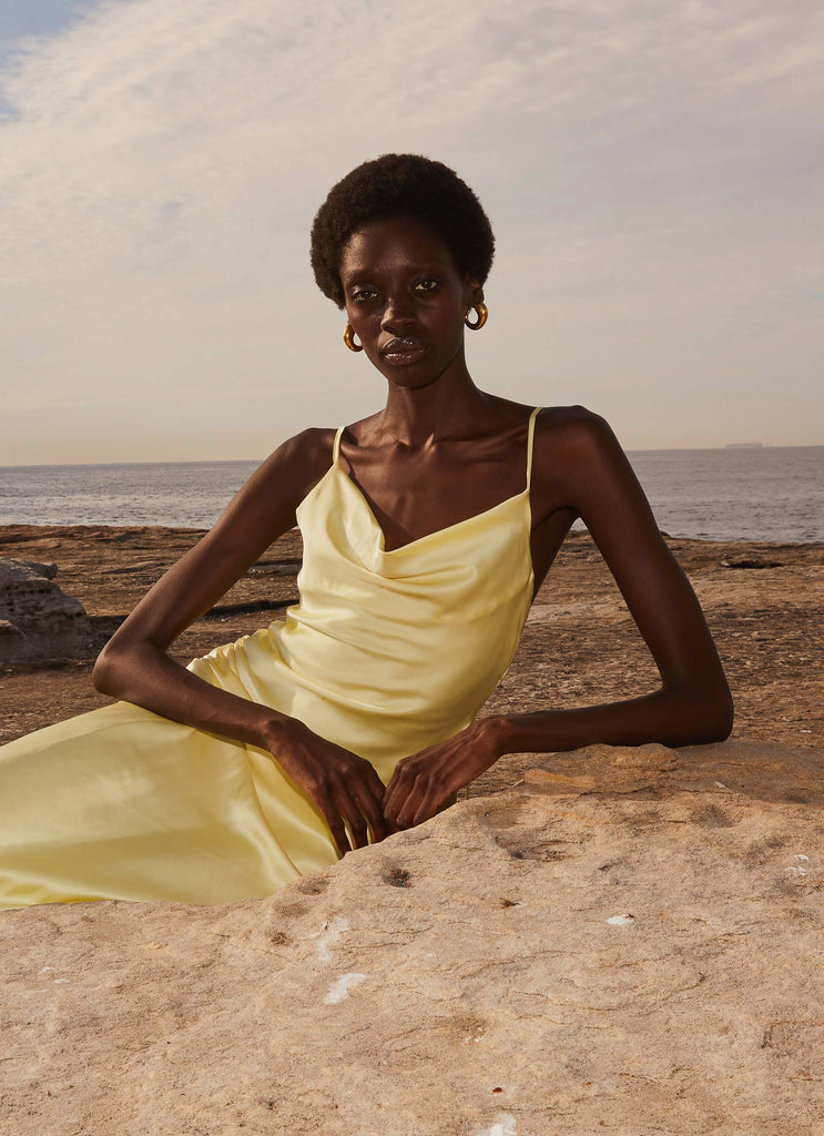 Womens Joanna Satin Maxi Dress in the colour Lemon in front of a light grey background