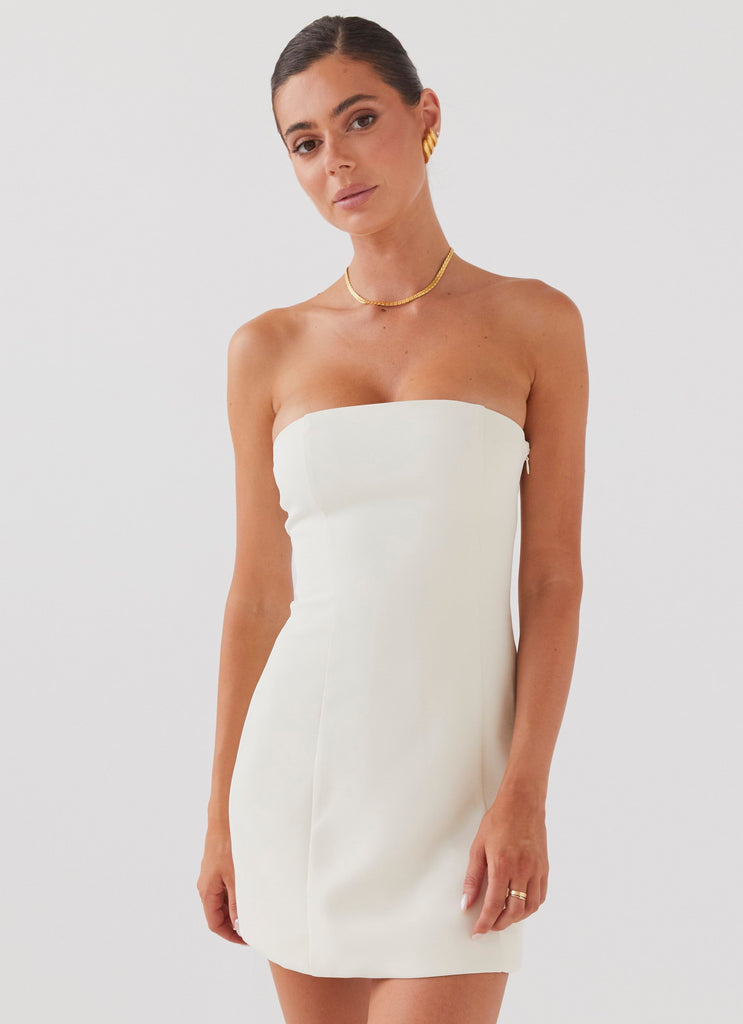 Womens Ayanna Strapless Mini Dress in the colour Ivory in front of a light grey background