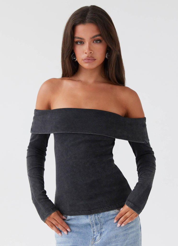 Hayley Long Sleeve Ribbed Top - Charcoal Acid Wash