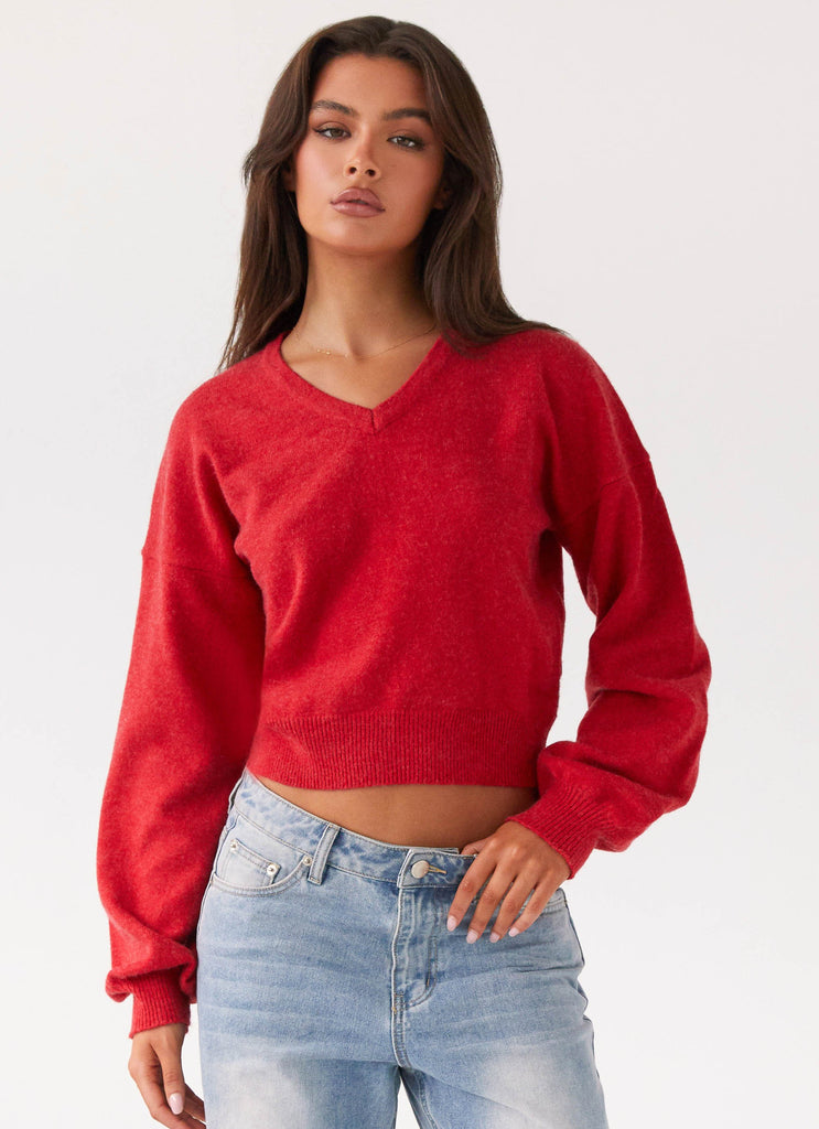 Womens Deserve Me Knit Top in the colour Cherry in front of a light grey background