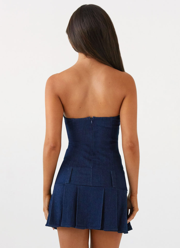 Womens Case Closed Mini Dress in the colour Dark Indigo in front of a light grey background