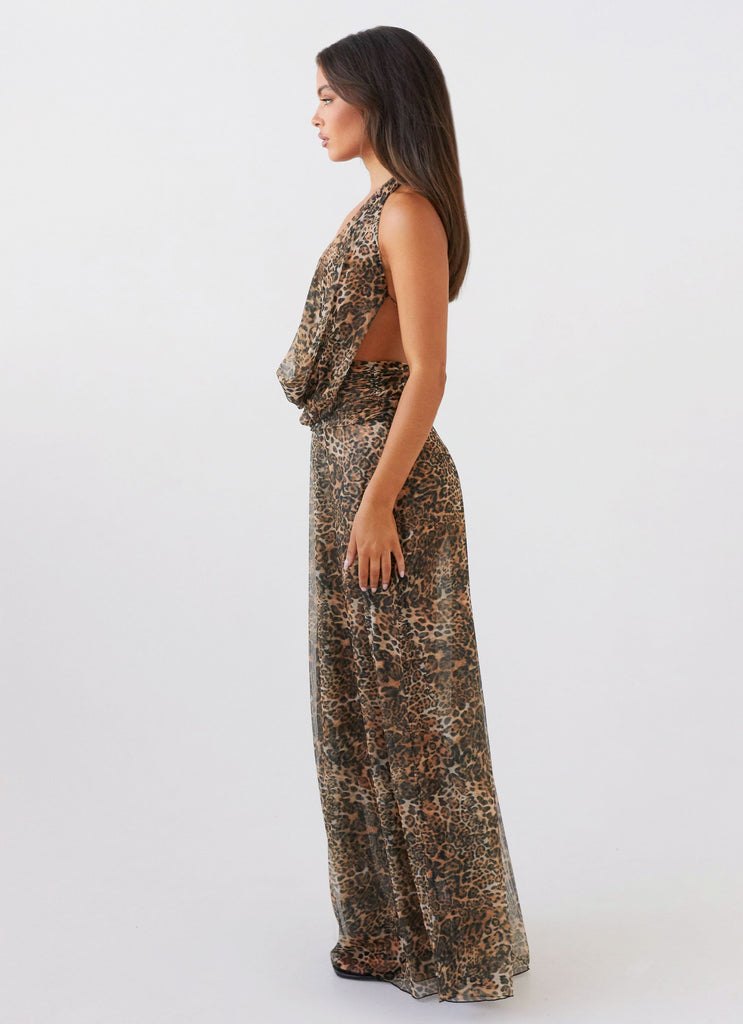 Womens Elysia Mesh Maxi Dress in the colour Leopard in front of a light grey background