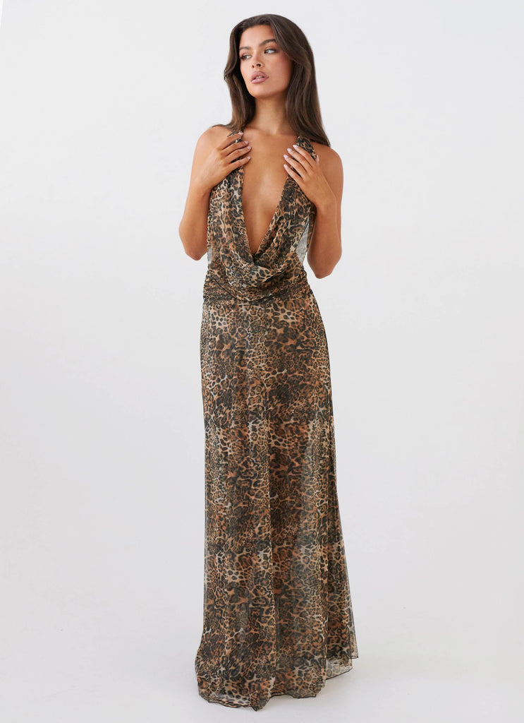 Womens Elysia Mesh Maxi Dress in the colour Leopard in front of a light grey background