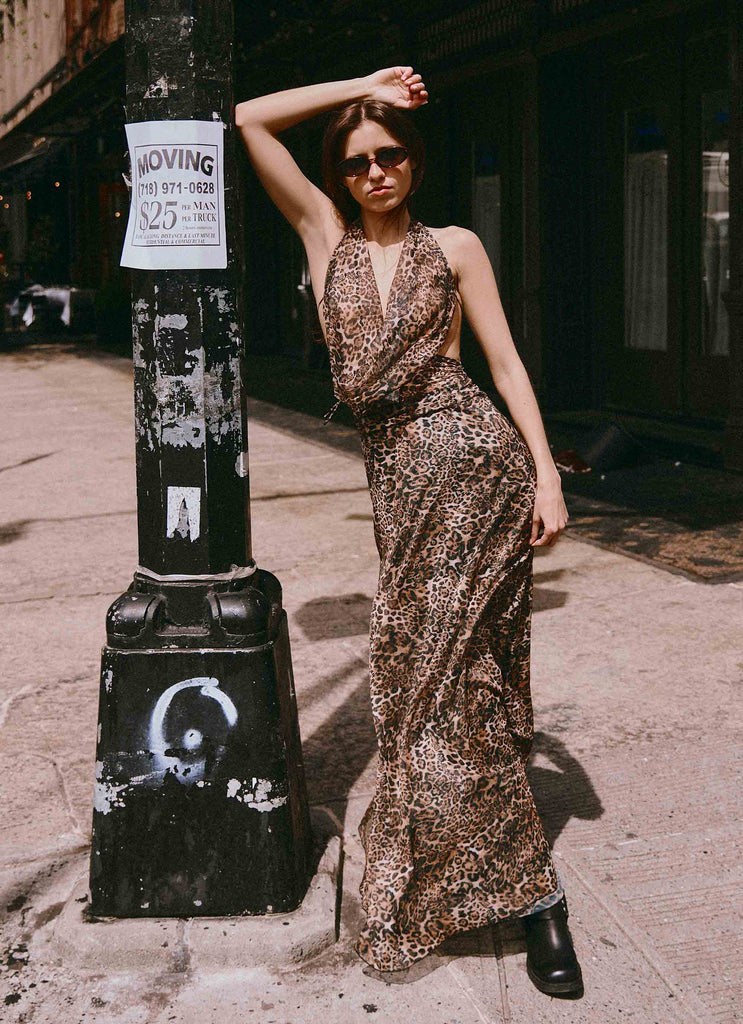 Womens Elysia Mesh Maxi Dress in the colour Leopard in front of a light grey background