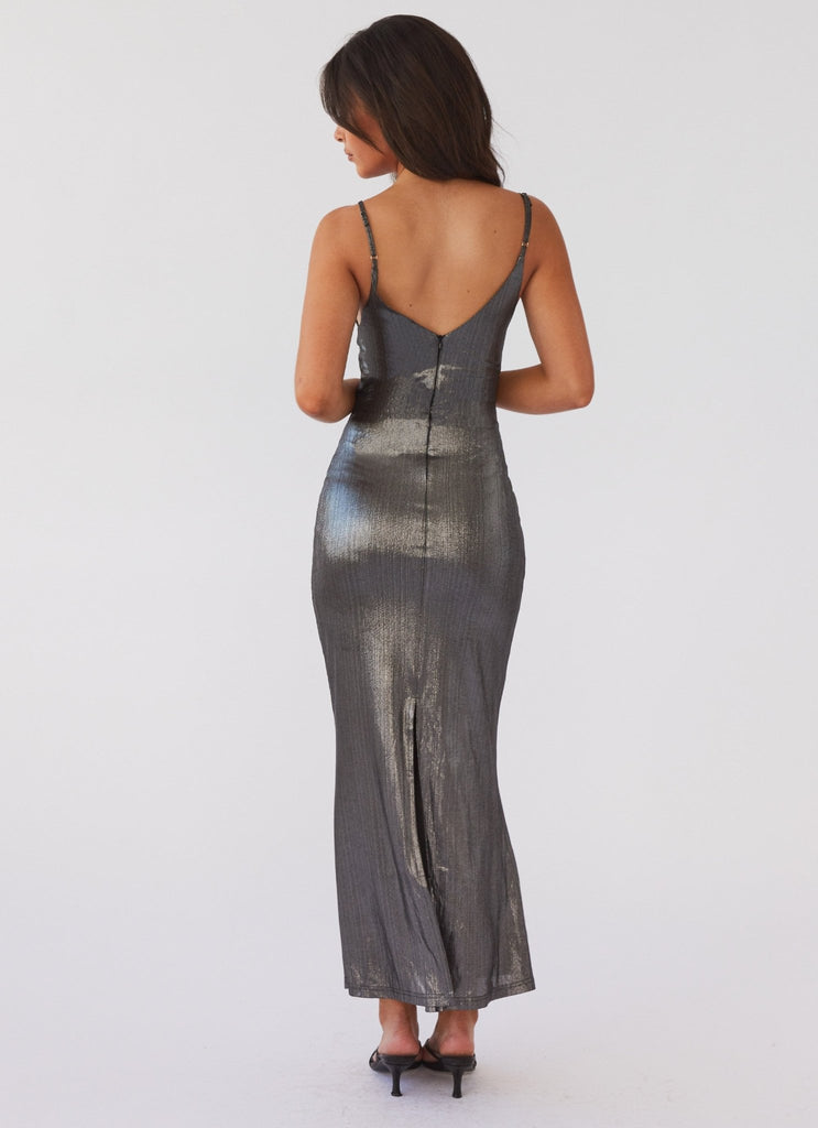 Womens Alexa Metallic Maxi Dress in the colour Twilight in front of a light grey background