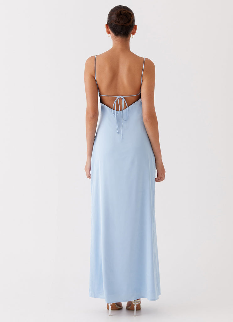 Womens Dream Sight Lace Satin Maxi Dress in the colour Ice Blue in front of a light grey background