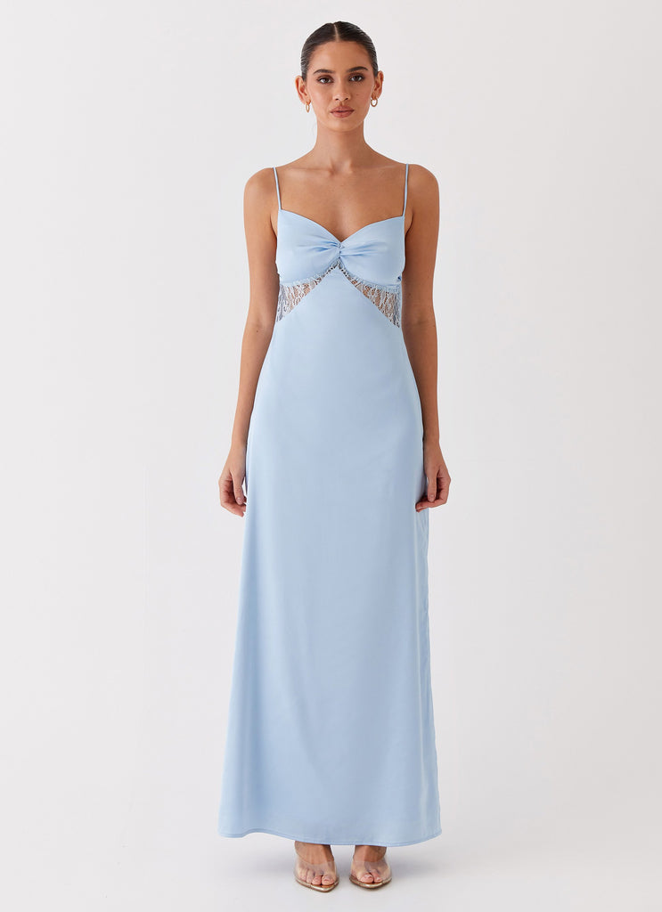 Womens Dream Sight Lace Satin Maxi Dress in the colour Ice Blue in front of a light grey background