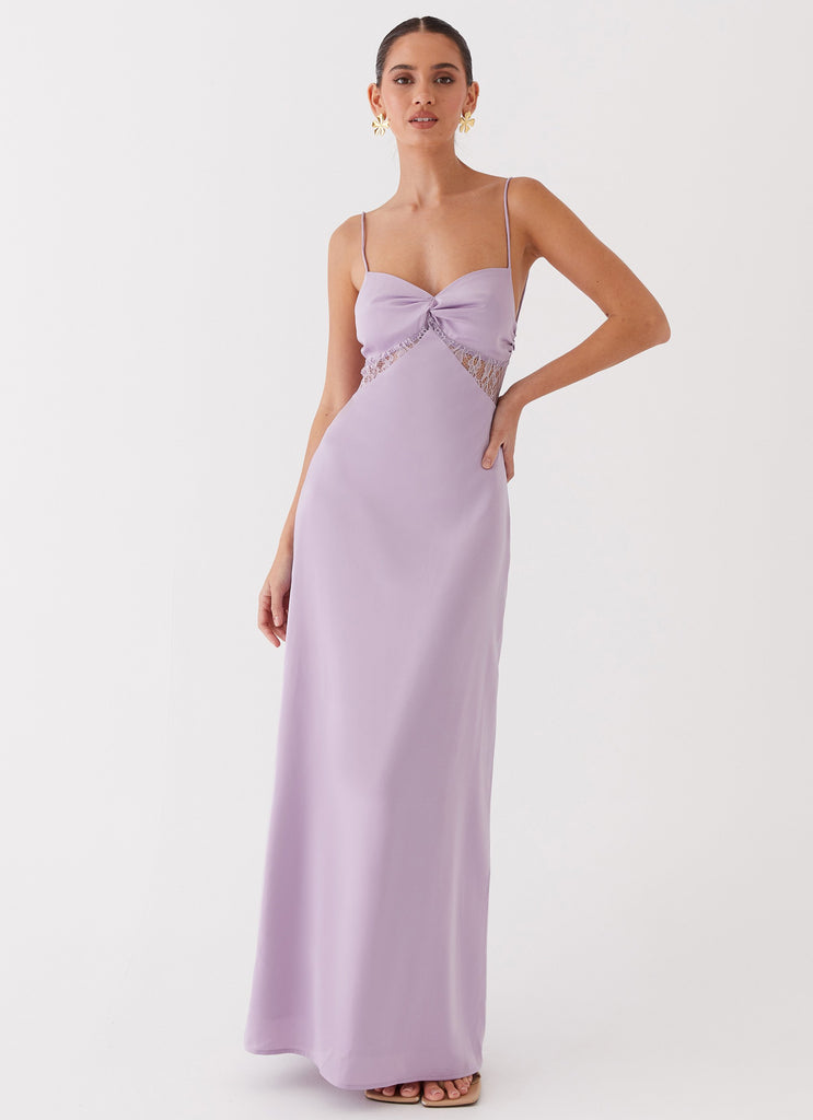 Womens Dream Sight Lace Satin Maxi Dress in the colour Lilac in front of a light grey background