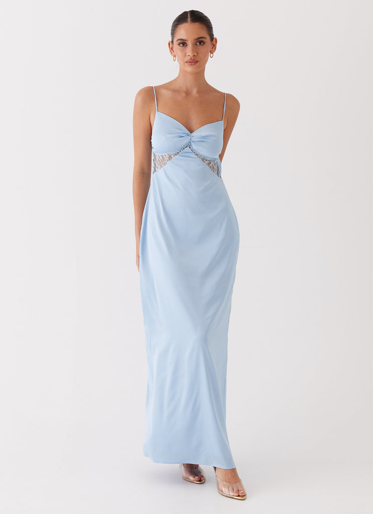 Womens Dream Sight Lace Satin Maxi Dress in the colour Ice Blue in front of a light grey background