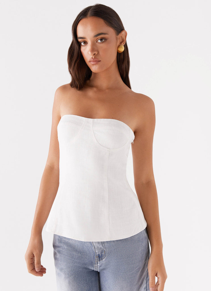 Womens Rennie Linen Bustier Top in the colour White in front of a light grey background