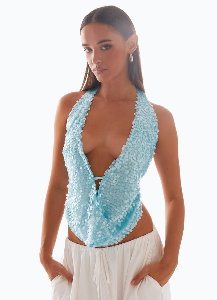 Rio Dreams Cowl Neck Halter Top - Turqoise