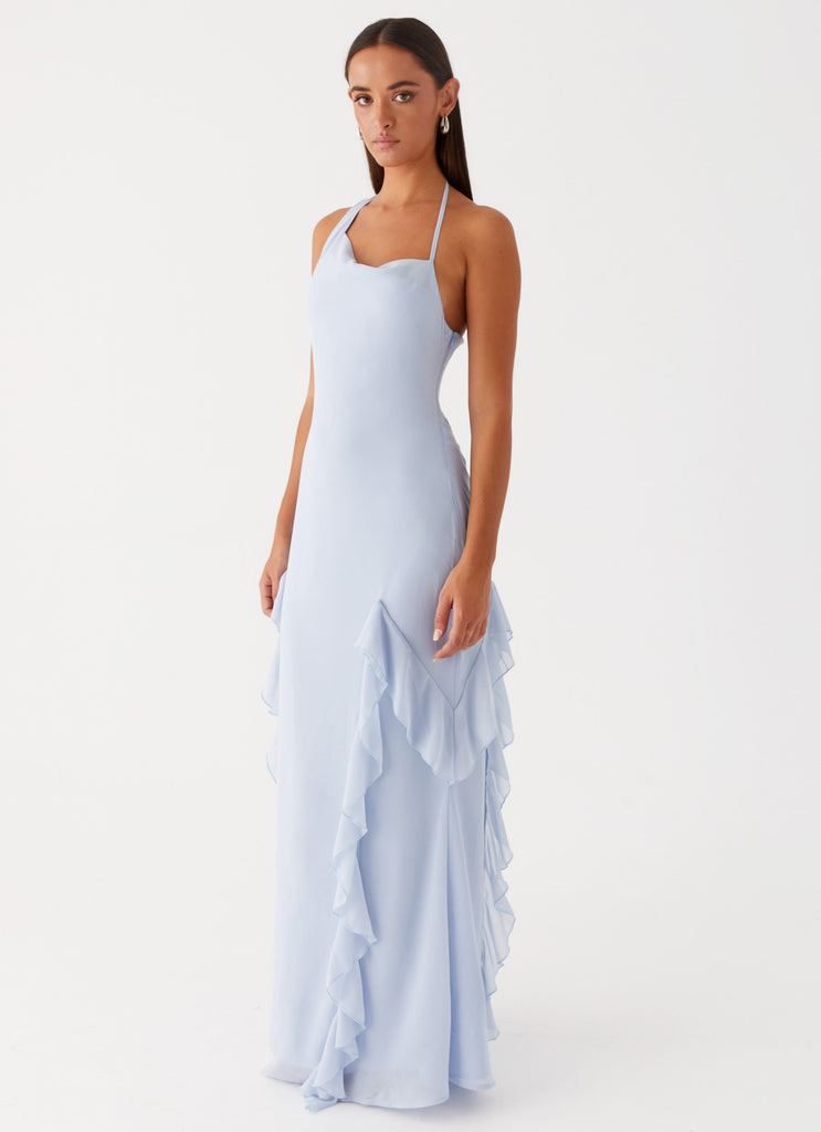 Womens Sammie Maxi Dress in the colour Blue in front of a light grey background