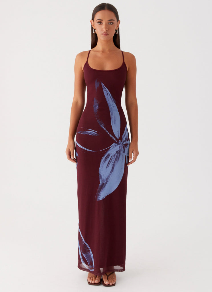 Womens Serene Maxi Dress in the colour Brown Purple Floral in front of a light grey background