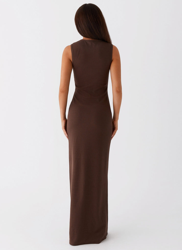 Womens Shay Cut Out Maxi Dress in the colour Chocolate in front of a light grey background