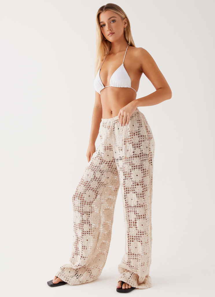 Womens Shell Beach Crochet Pants in the colour Ivory in front of a light grey background