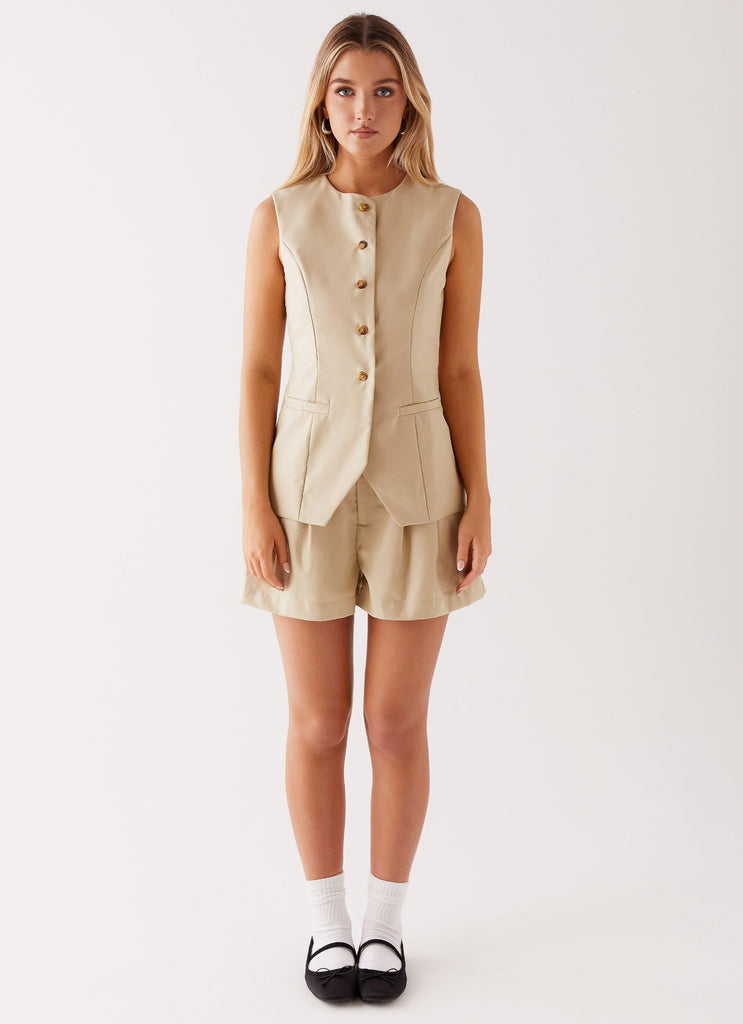 Womens Siena Style Tailored Vest in the colour Beige in front of a light grey background