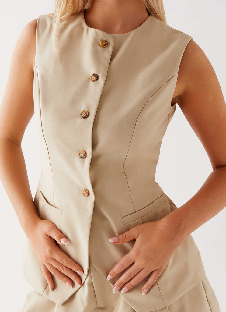 Womens Siena Style Tailored Vest in the colour Beige in front of a light grey background