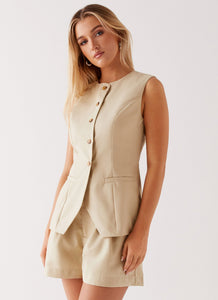 Womens Siena Style Tailored Vest in the colour Beige in front of a light grey background