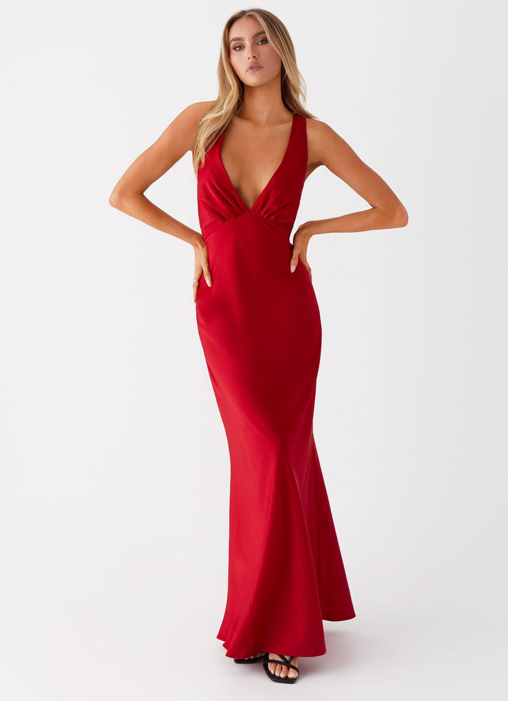 Womens Slyvia Maxi Dress in the colour Red in front of a light grey background