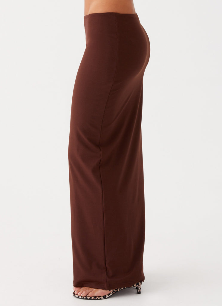 Womens Solace Soul Maxi Skirt in the colour Chocolate in front of a light grey background