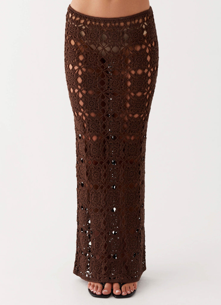 Womens Sorrentino Crochet Maxi Skirt in the colour Chocolate in front of a light grey background