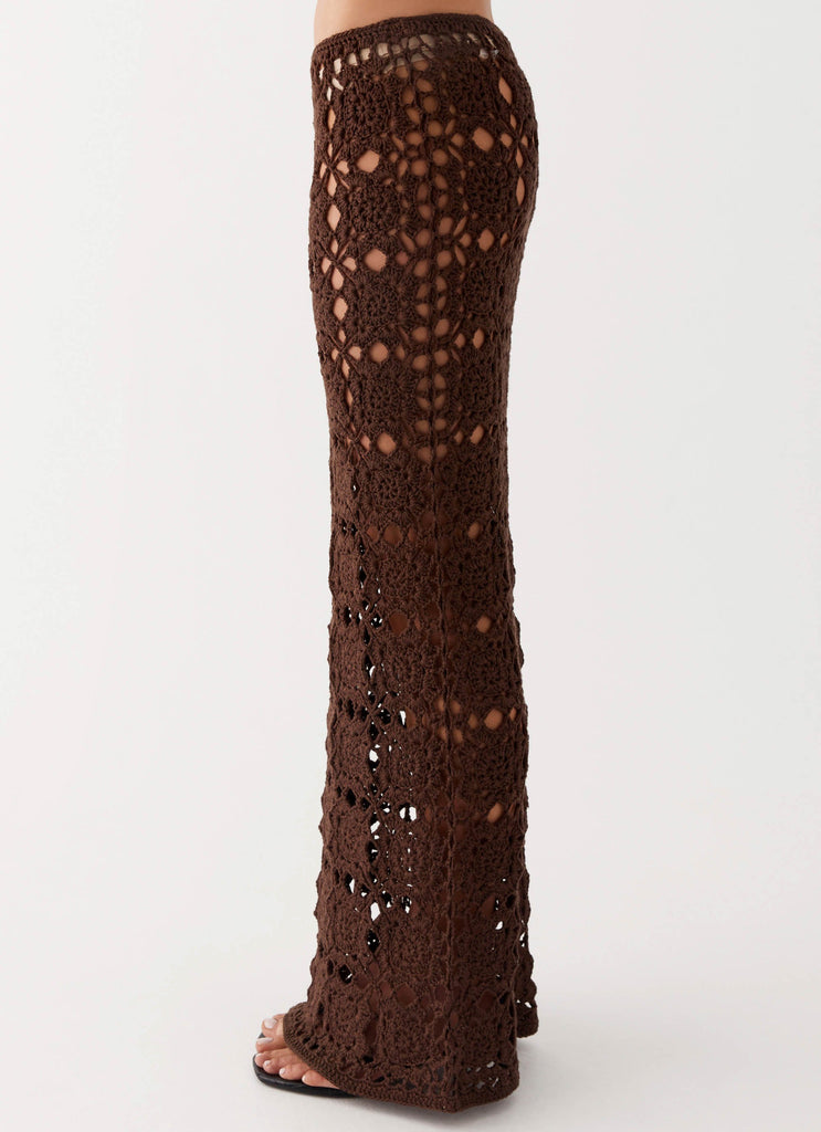 Womens Sorrentino Crochet Maxi Skirt in the colour Chocolate in front of a light grey background