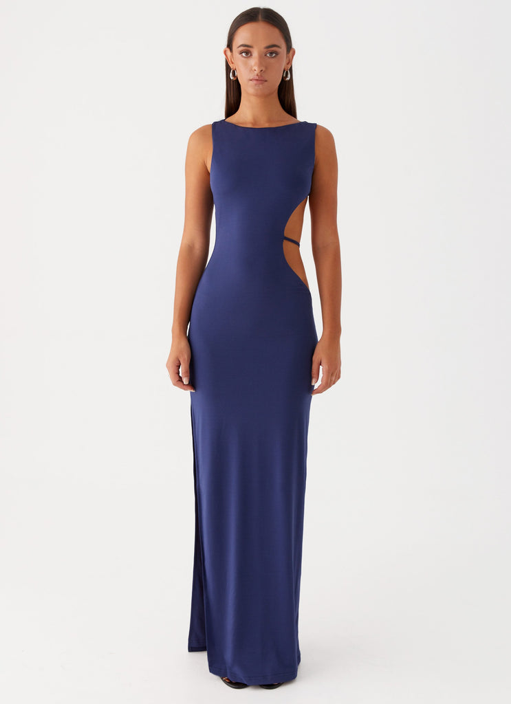 Womens Sutton Maxi Dress in the colour Navy in front of a light grey background