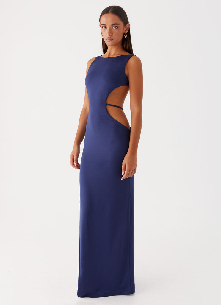 Womens Sutton Maxi Dress in the colour Navy in front of a light grey background