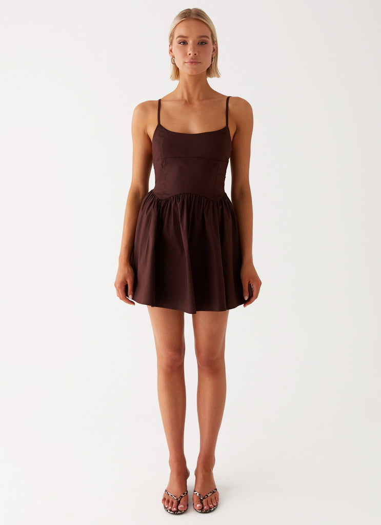 Womens Tesoro Mio Mini Dress in the colour Chocolate in front of a light grey background