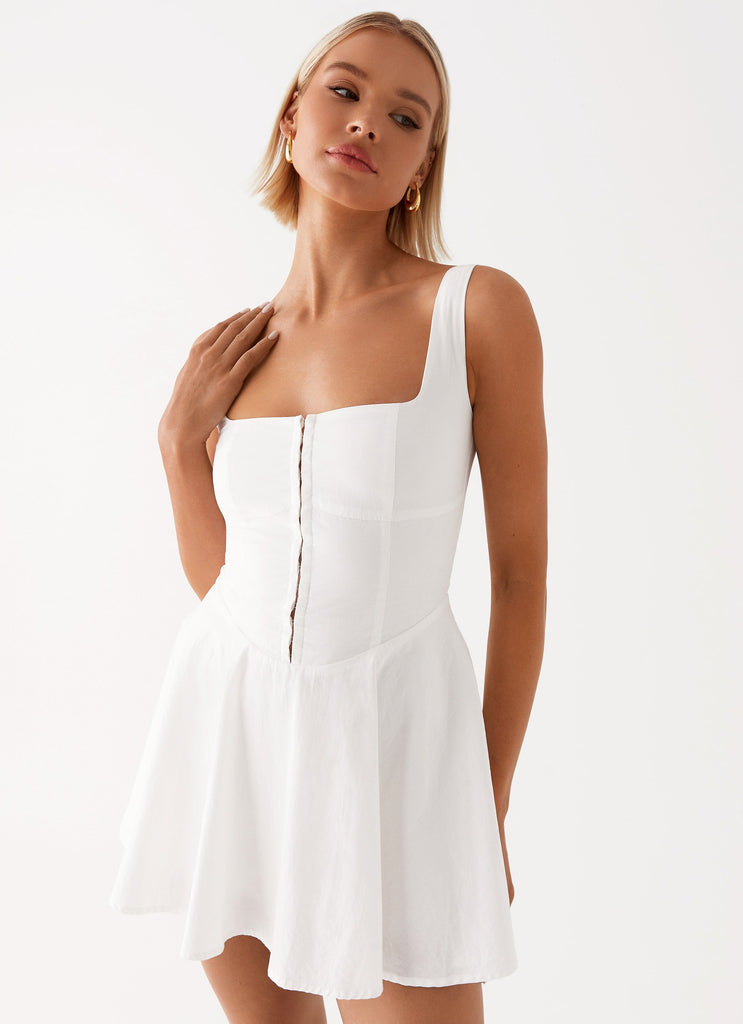 Womens The Isle Mini Dress in the colour White in front of a light grey background