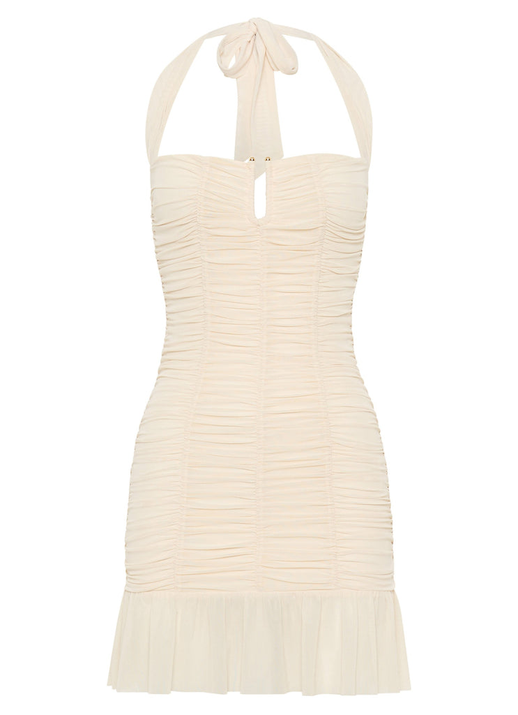 Womens Toni Halter Mini dress in the colour Lemon in front of a light grey background