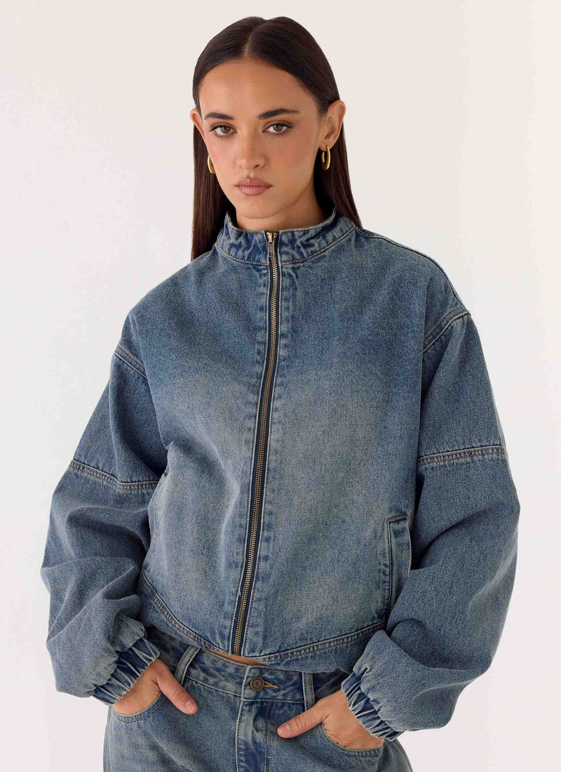 Waylon Denim Bomber Jacket - Mid Wash Blue
