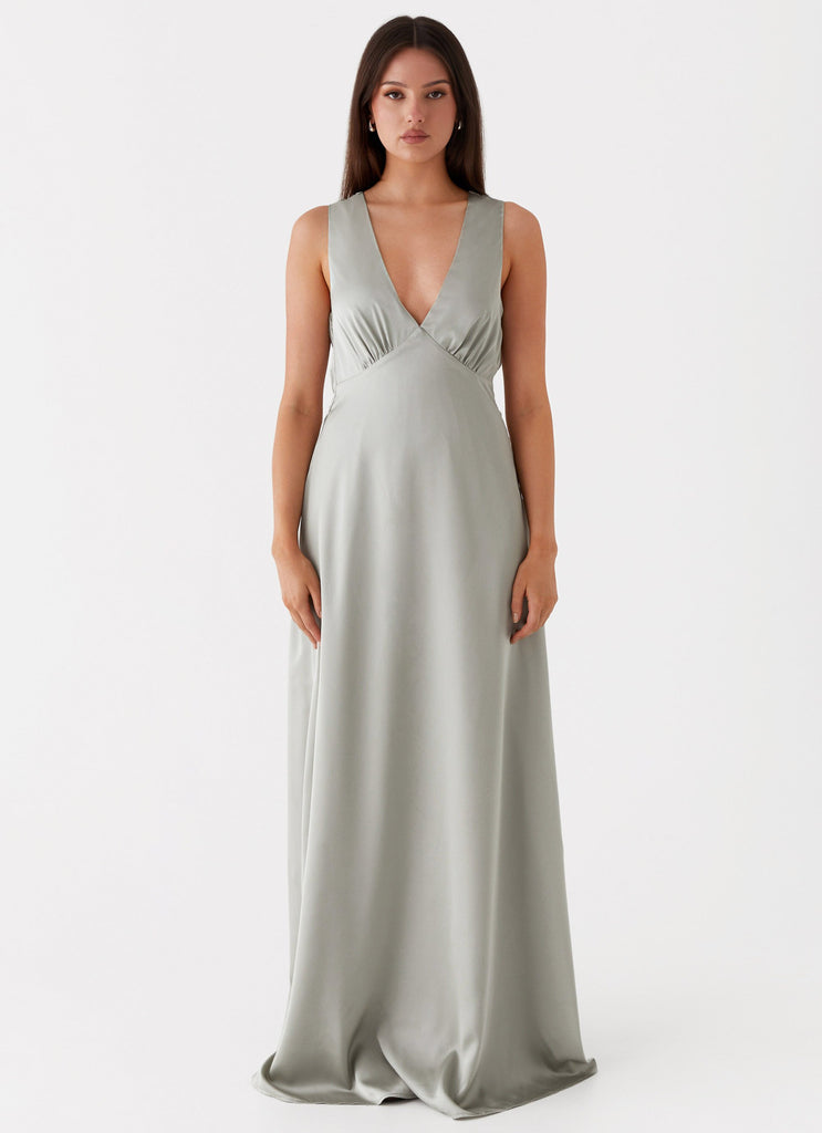 Womens Winnie Cowl Back Maxi Dress in the colour Sage in front of a light grey background