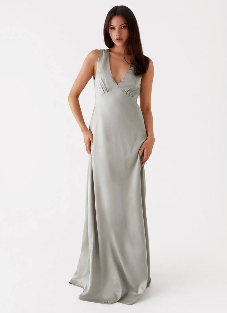 Womens Winnie Cowl Back Maxi Dress in the colour Sage in front of a light grey background