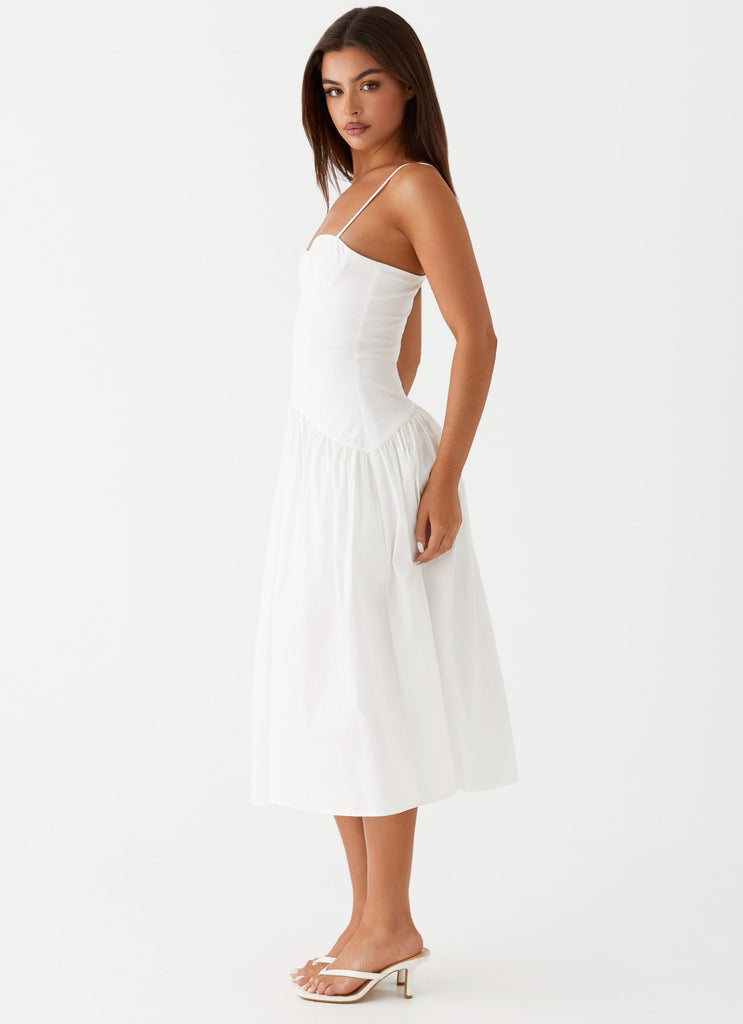 Womens Yvette Corset Midi Dress in the colour White in front of a light grey background