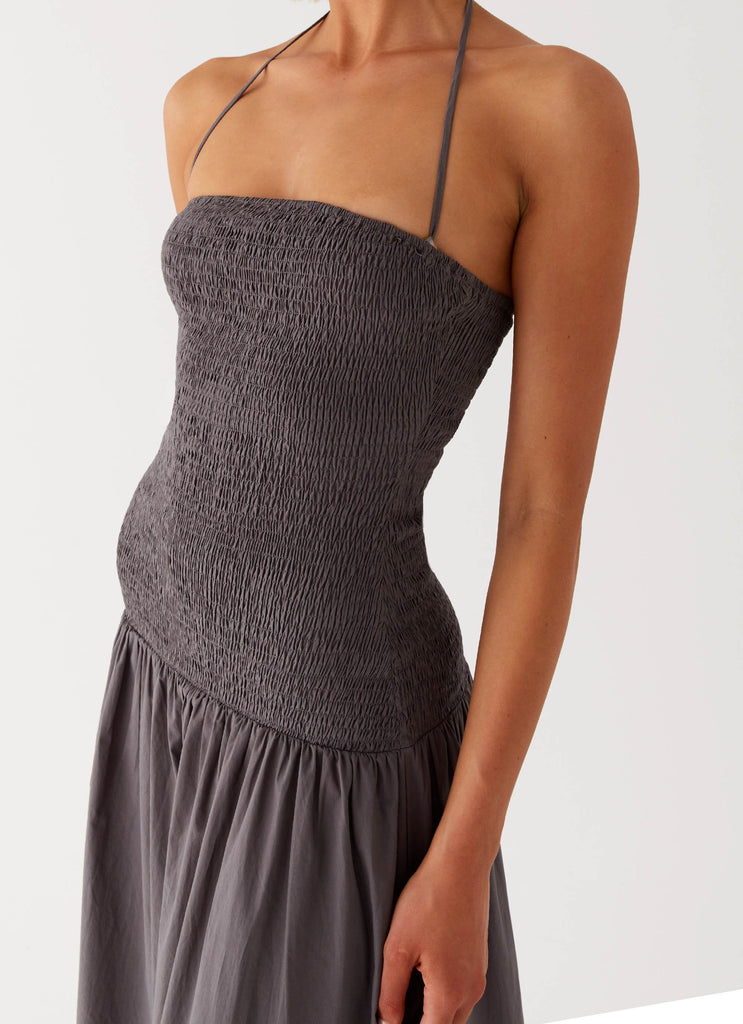 Womens Zahra Maxi Dress in the colour Charcoal in front of a light grey background