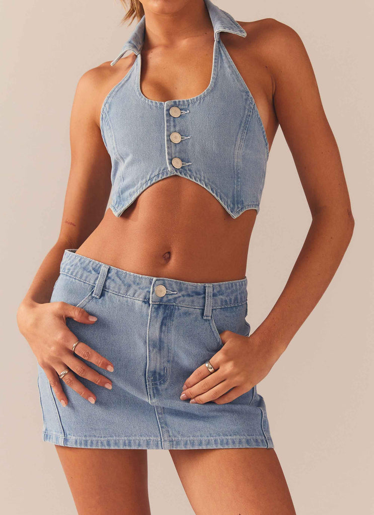 Giddy Up Denim Mini Skirt - Subdued Blue - Peppermayo