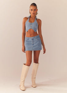 Giddy Up Denim Mini Skirt - Subdued Blue - Peppermayo