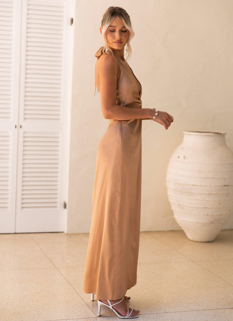 Stay Close Satin Maxi Dress - Bronze Honey - Peppermayo