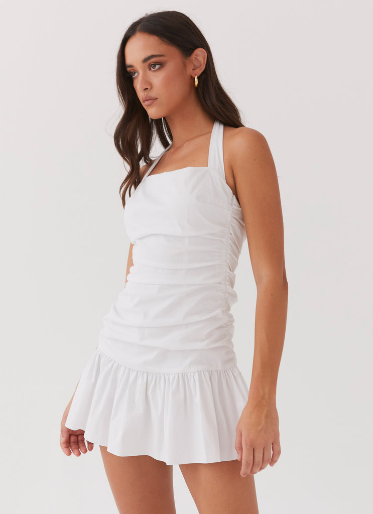 Womens Cely Ruched Mini Dress in the colour White in front of a light grey background