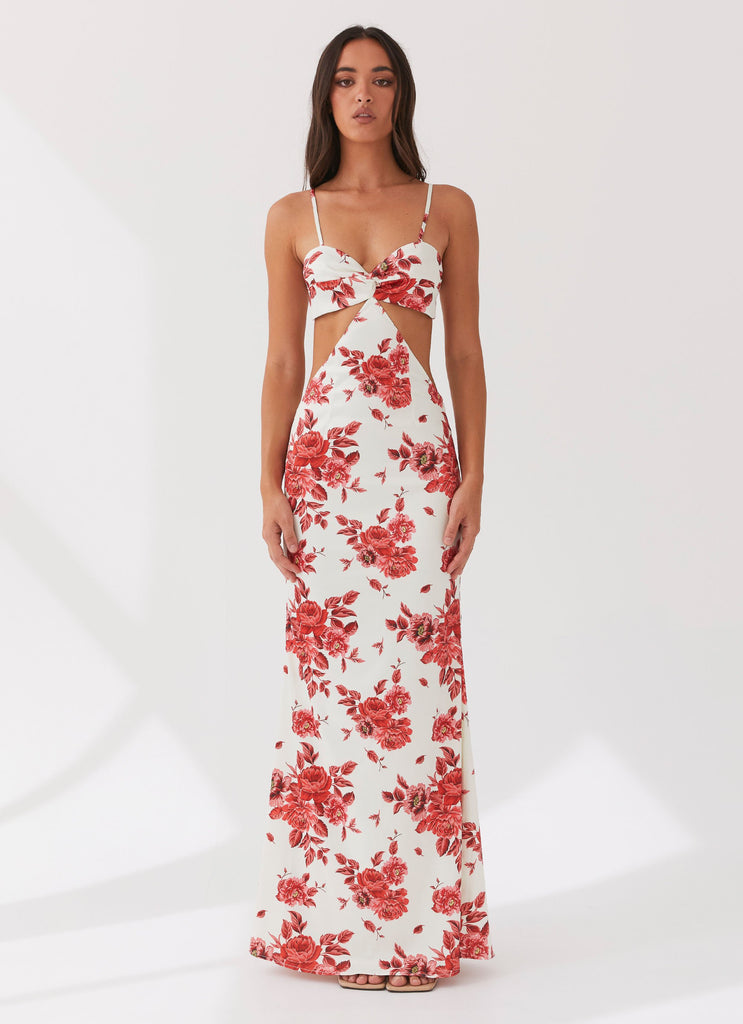 Womens Rosie Satin Maxi Dress in the colour Rosa Floria in front of a light grey background