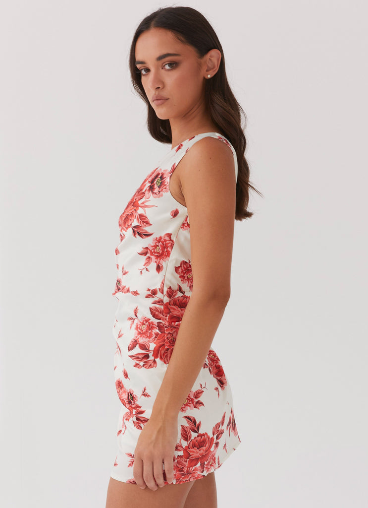 Womens Sovere Satin Mini Dress in the colour Rosa Floria in front of a light grey background