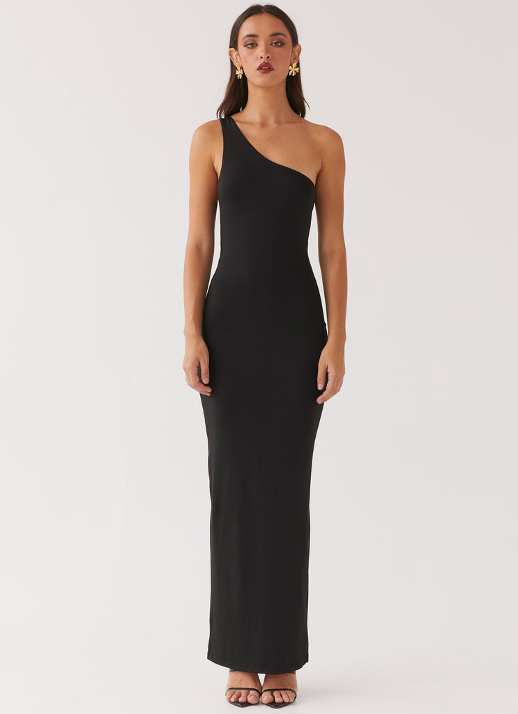 Womens Iris Backless Maxi Dress in the colour Black in front of a light grey background