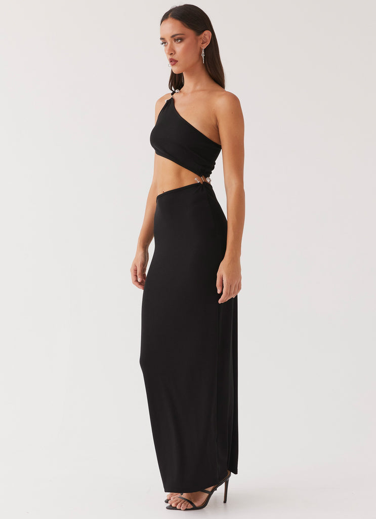 Womens On The Moon Maxi Dress in the colour Black in front of a light grey background