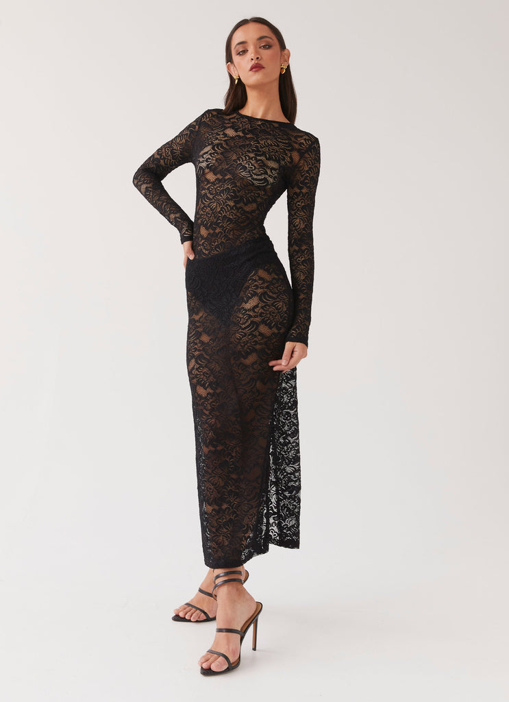 Womens Luella Lace Maxi Dress in the colour Black in front of a light grey background