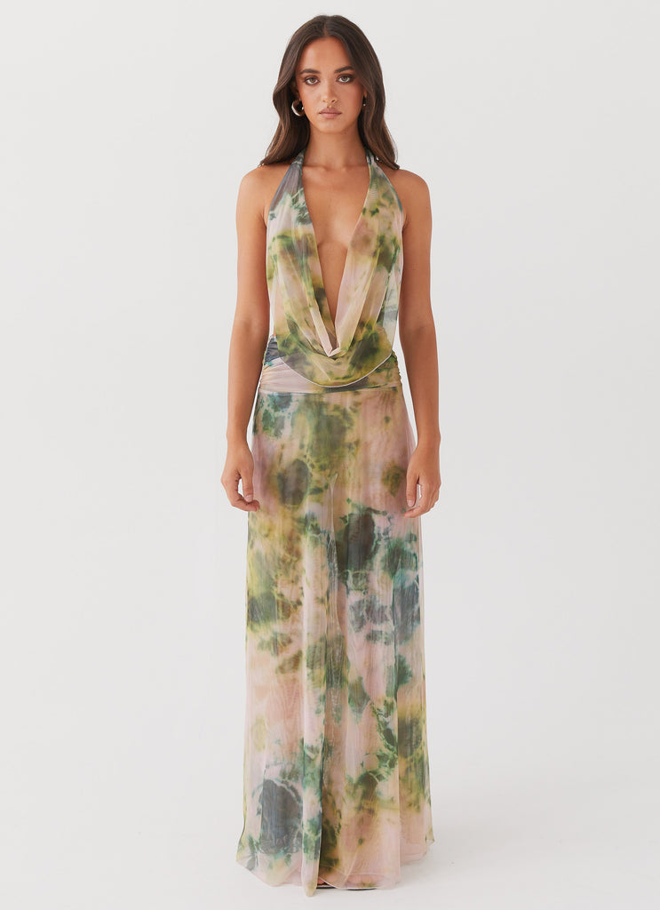 Womens Elysia Mesh Maxi Dress in the colour Rainforest in front of a light grey background