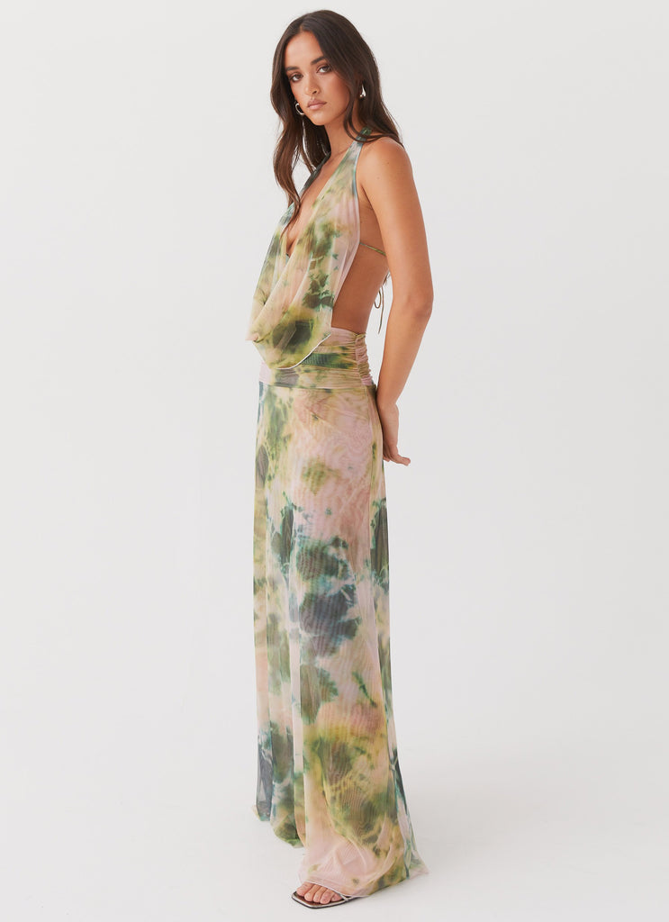 Womens Elysia Mesh Maxi Dress in the colour Rainforest in front of a light grey background