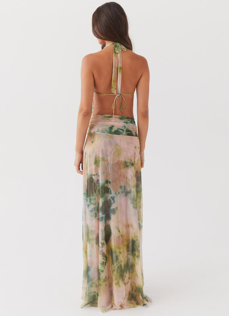 Womens Elysia Mesh Maxi Dress in the colour Rainforest in front of a light grey background