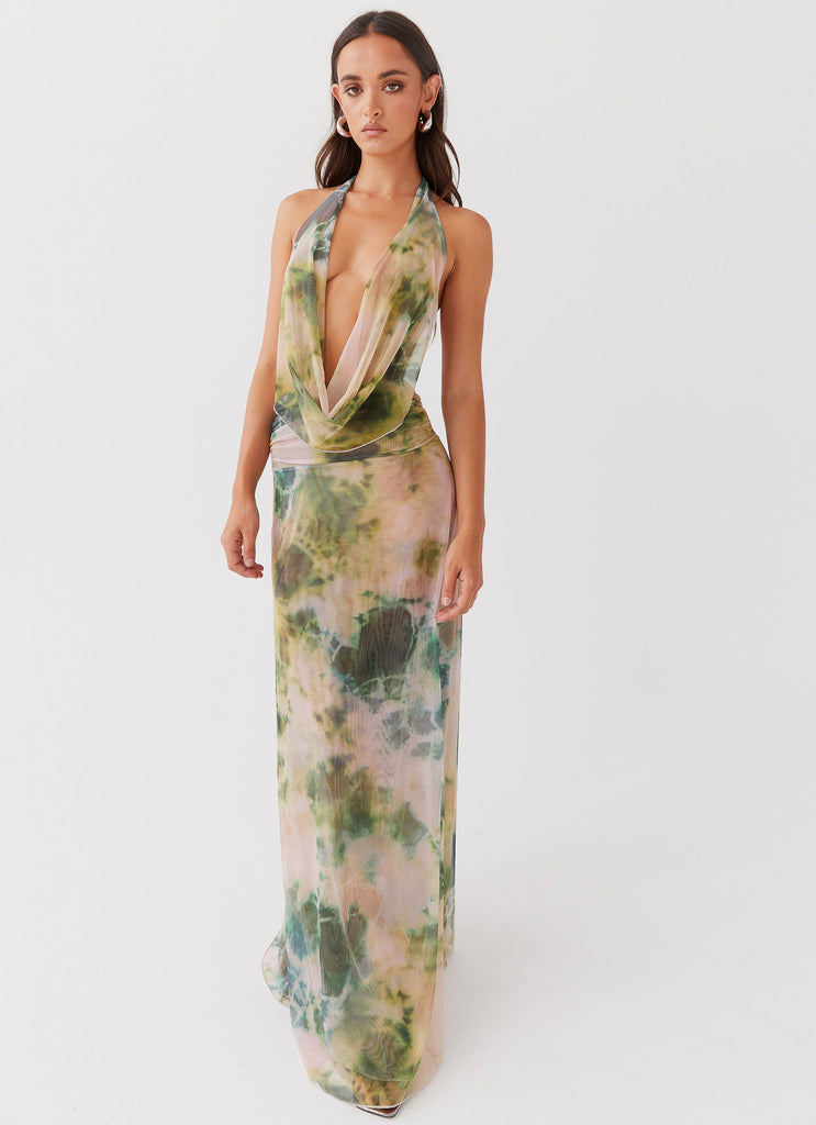 Womens Elysia Mesh Maxi Dress in the colour Rainforest in front of a light grey background